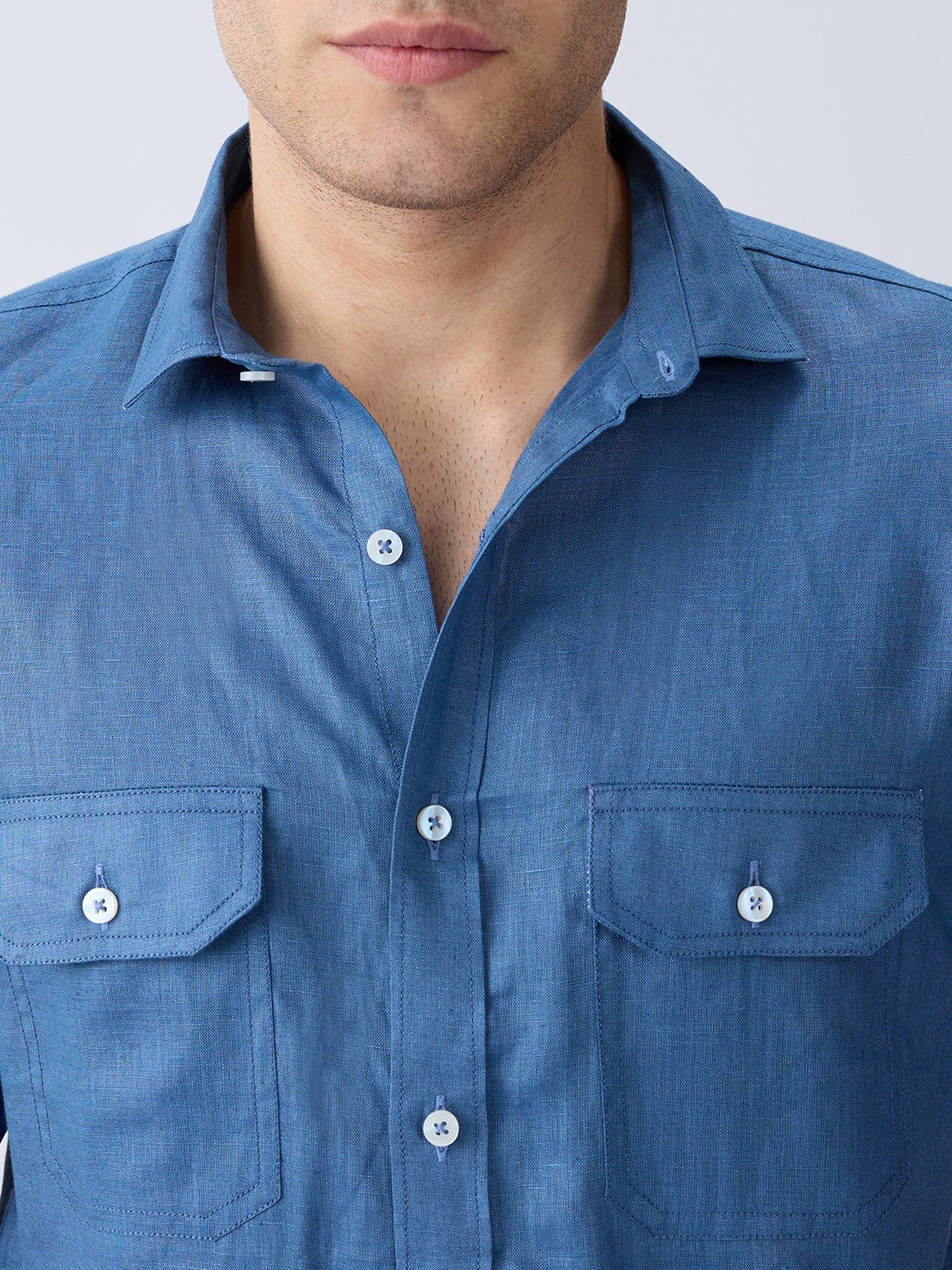 Dusty Blue 100% Pure Linen Half Sleeve Safari