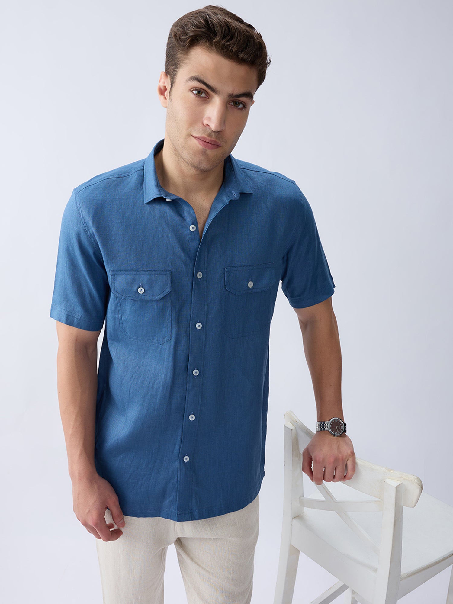 Dusty Blue 100% Pure Linen Half Sleeve Safari