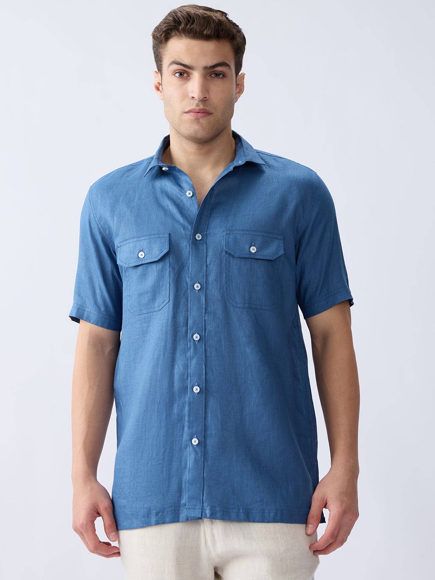 Dusty Blue 100% Pure Linen Half Sleeve Safari