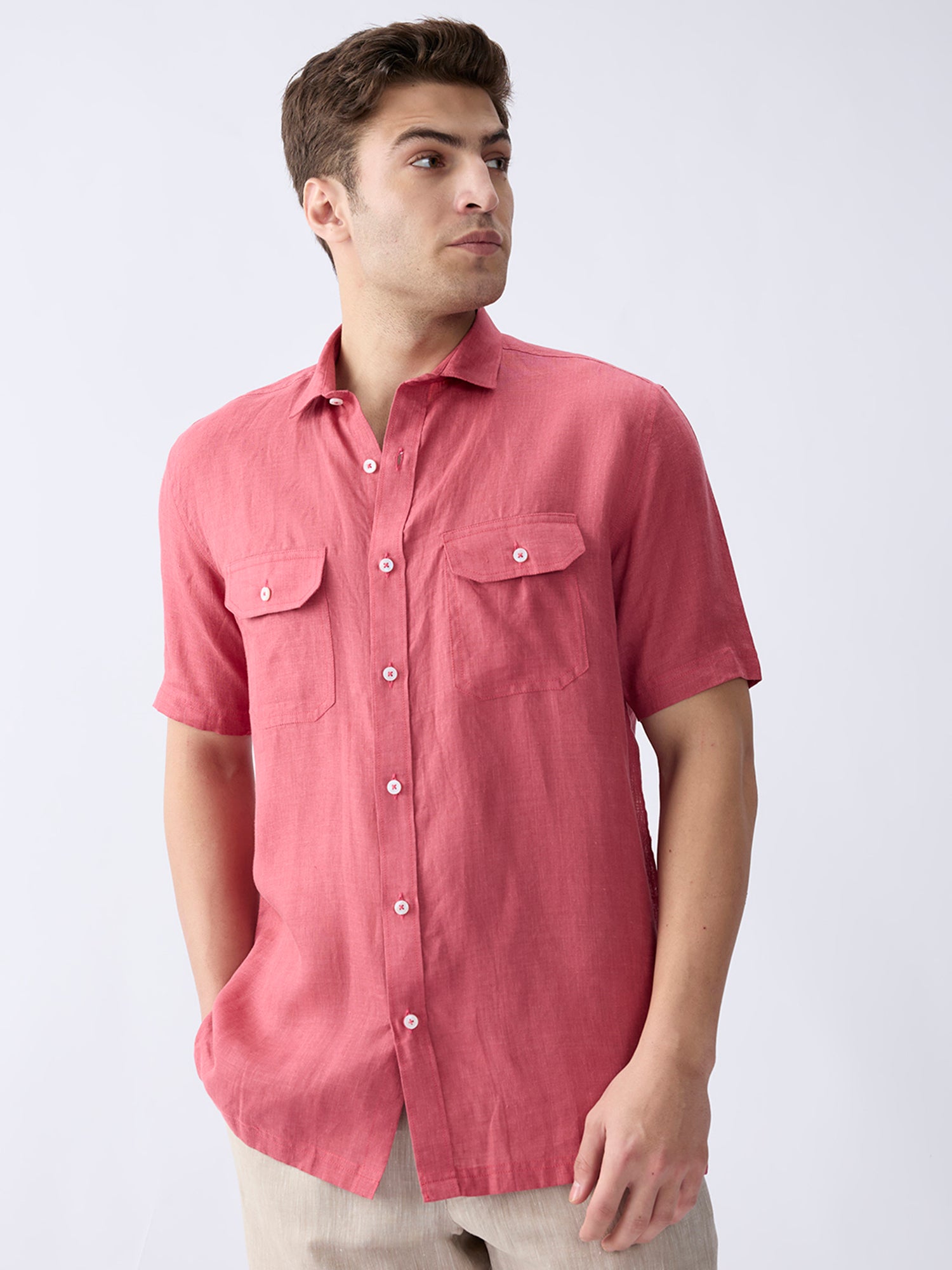 Terracotta Red 100% Pure Linen Half Sleeve Safari
