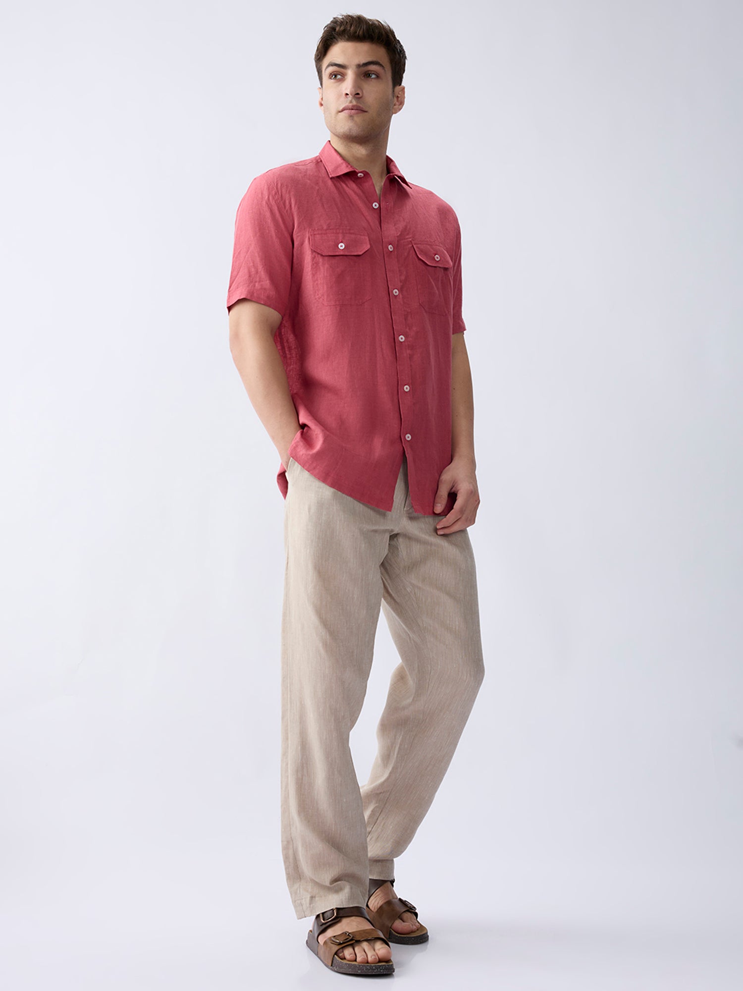Terracotta Red 100% Pure Linen Half Sleeve Safari