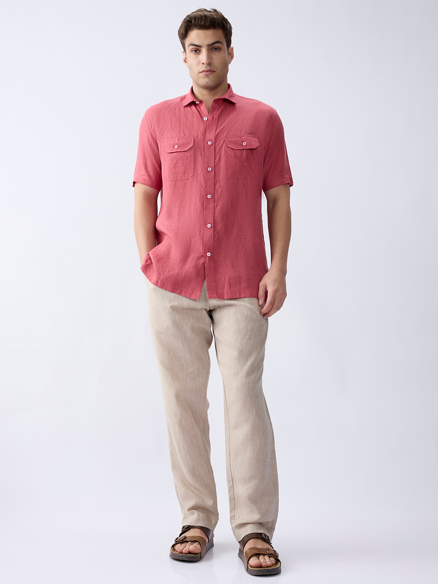 Terracotta Red 100% Pure Linen Half Sleeve Safari