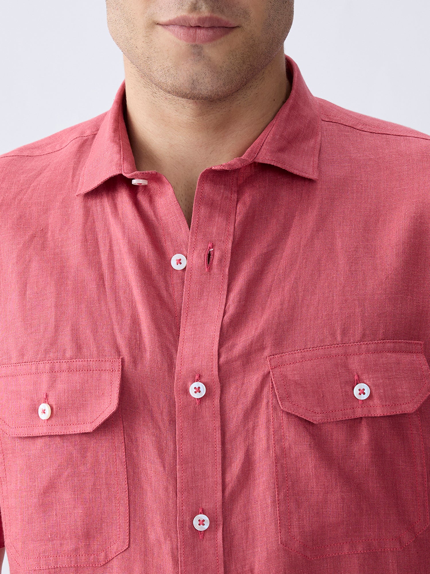 Terracotta Red 100% Pure Linen Half Sleeve Safari