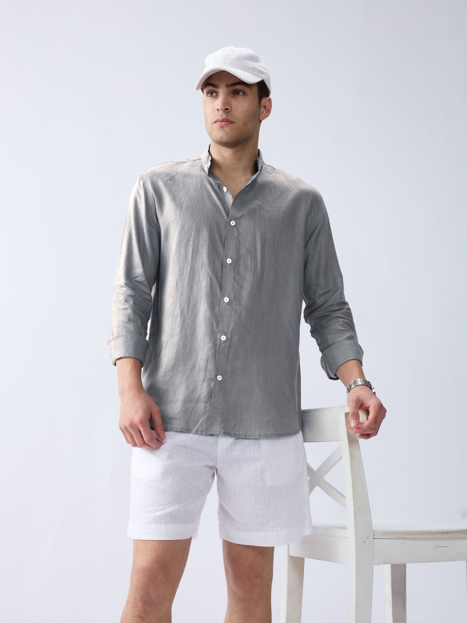 Light Gray Mandarin 100% Pure Linen