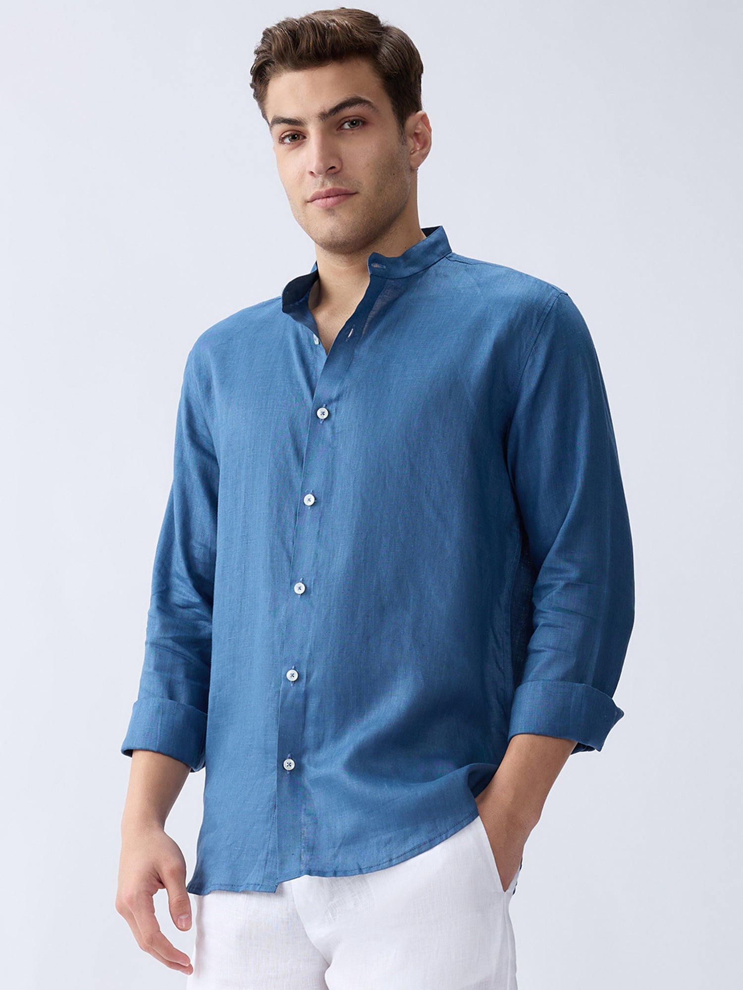 Dusty Blue Mandarin 100% Pure Linen