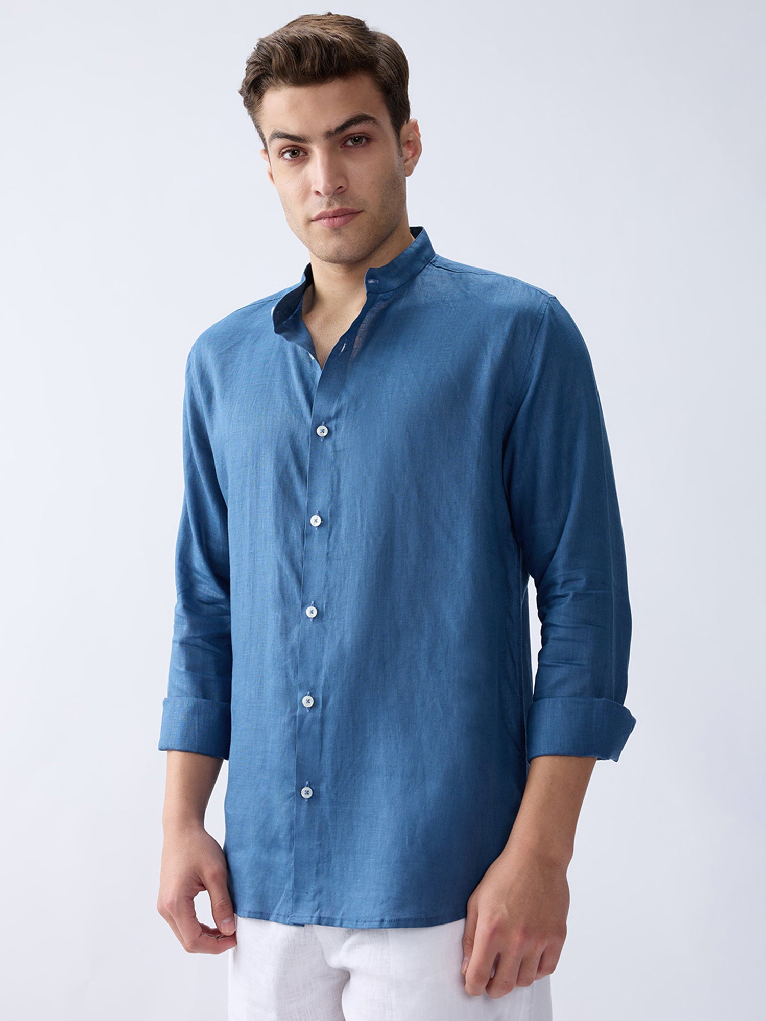 Dusty Blue Mandarin 100% Pure Linen