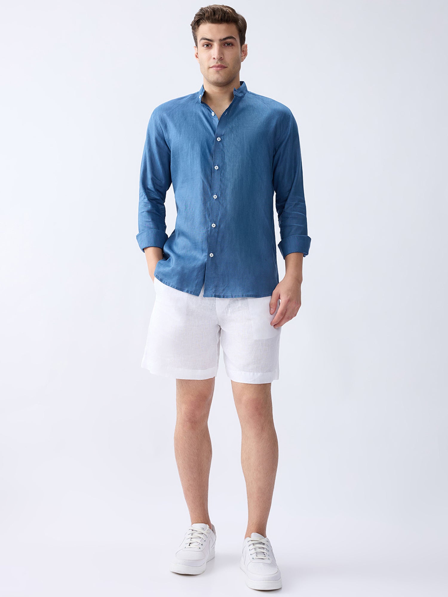 Dusty Blue Mandarin 100% Pure Linen