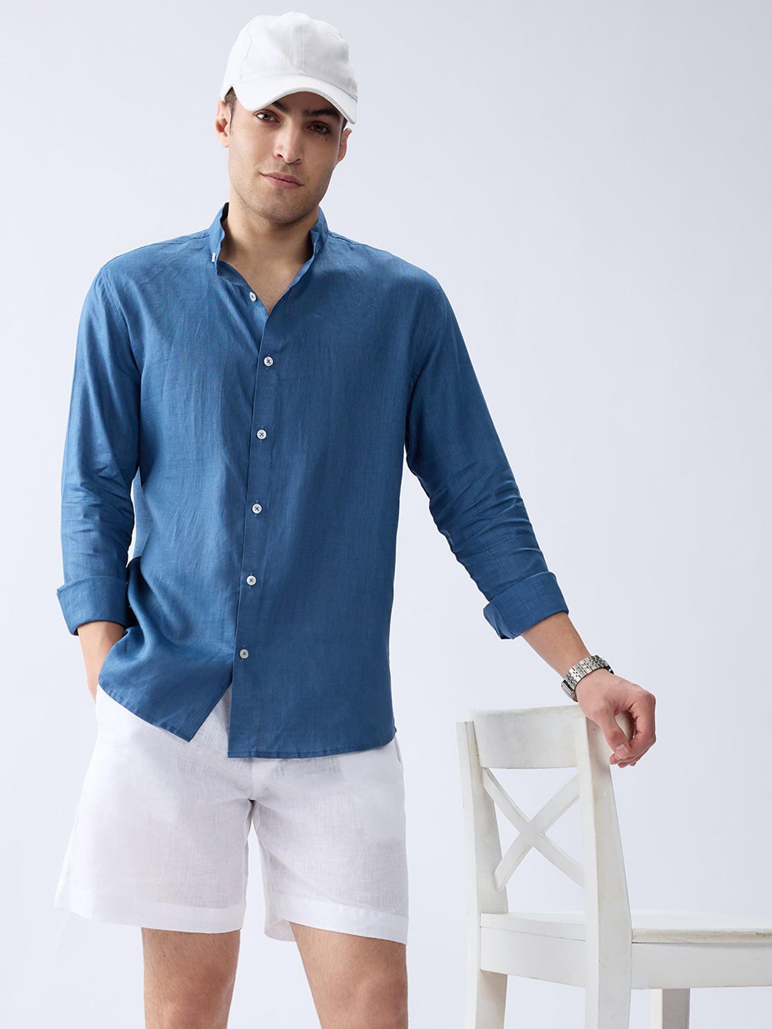 Dusty Blue Mandarin 100% Pure Linen