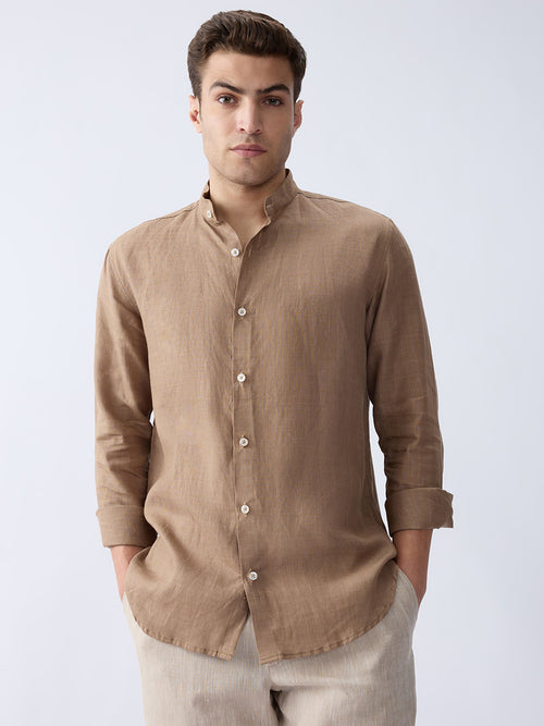 Earth Brown Mandarin 100% Pure Linen