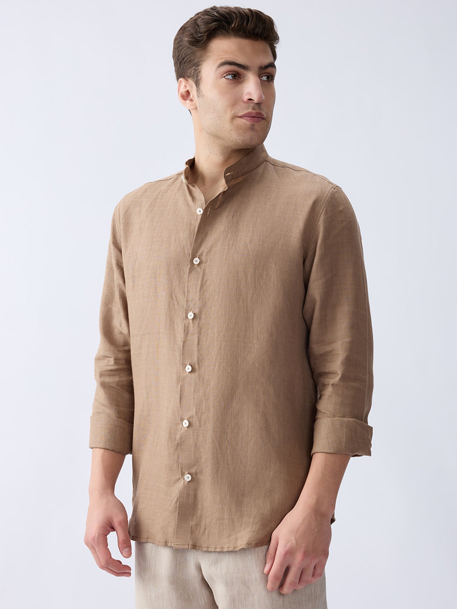 Earth Brown Mandarin 100% Pure Linen