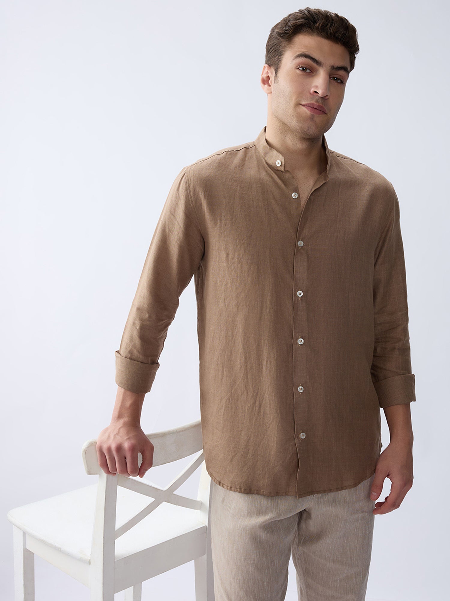 Earth Brown Mandarin 100% Pure Linen