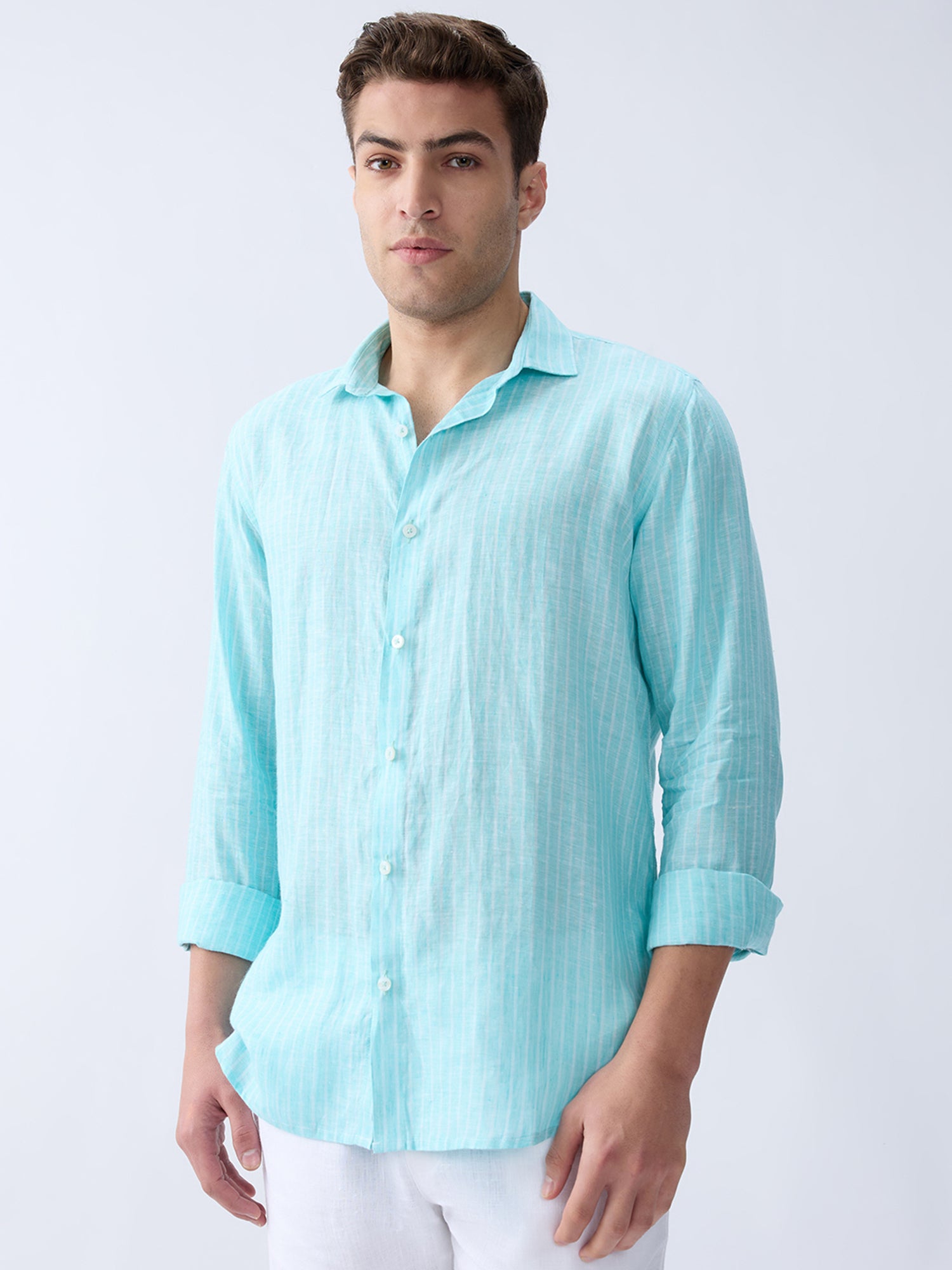Aqua Blue Luxe Striped 100% Pure Linen