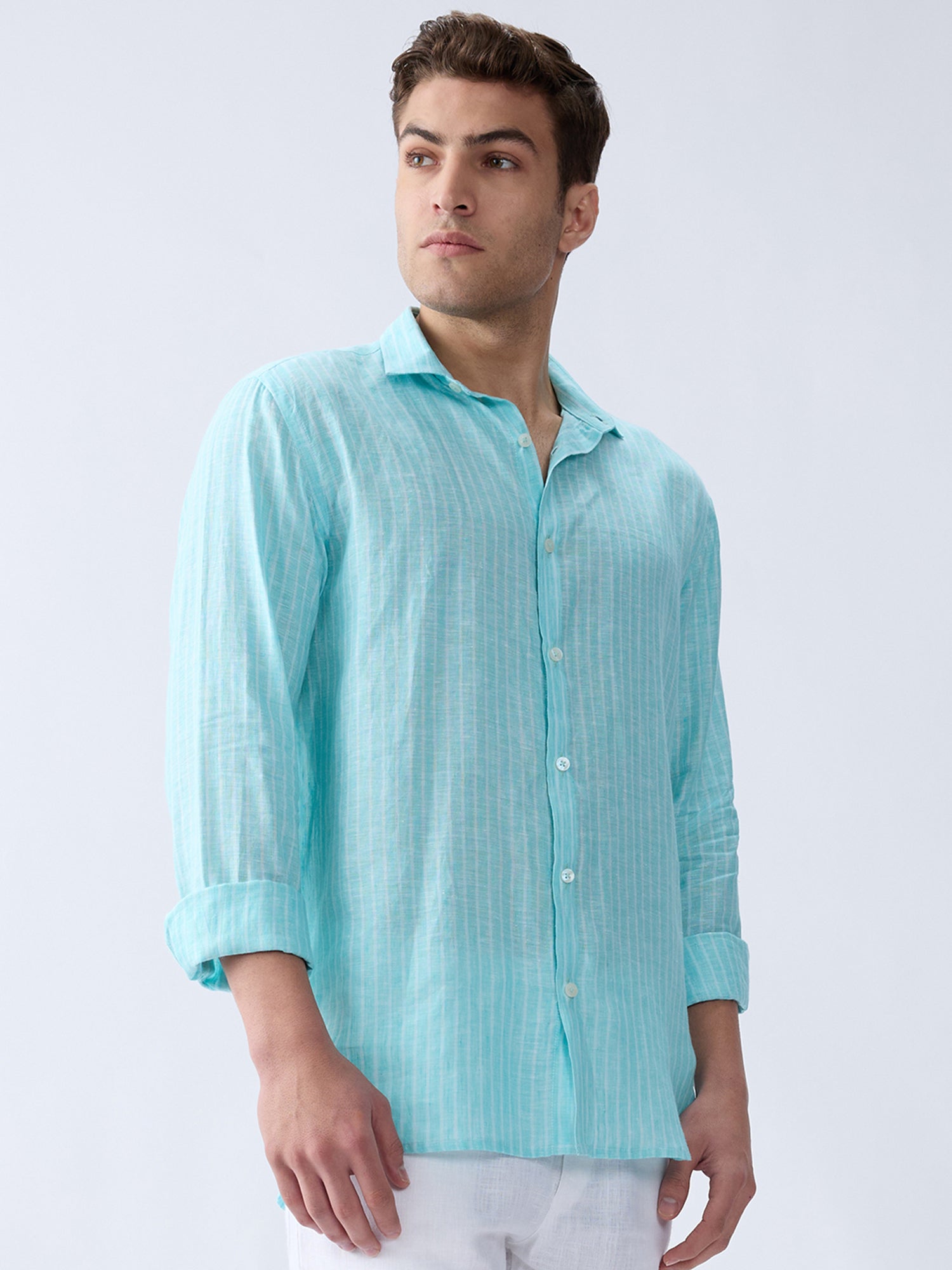 Aqua Blue Luxe Striped 100% Pure Linen