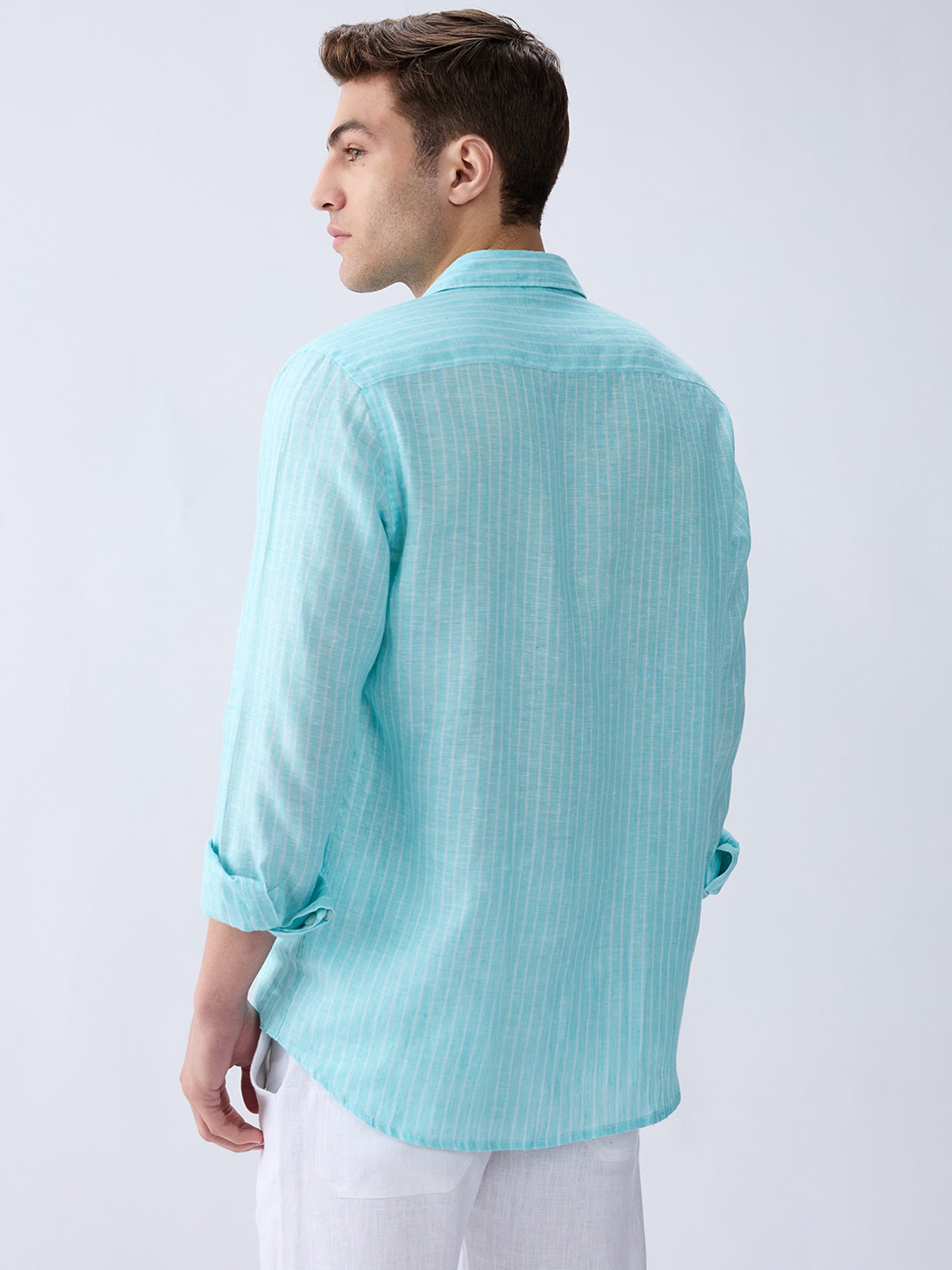 Aqua Blue Luxe Striped 100% Pure Linen