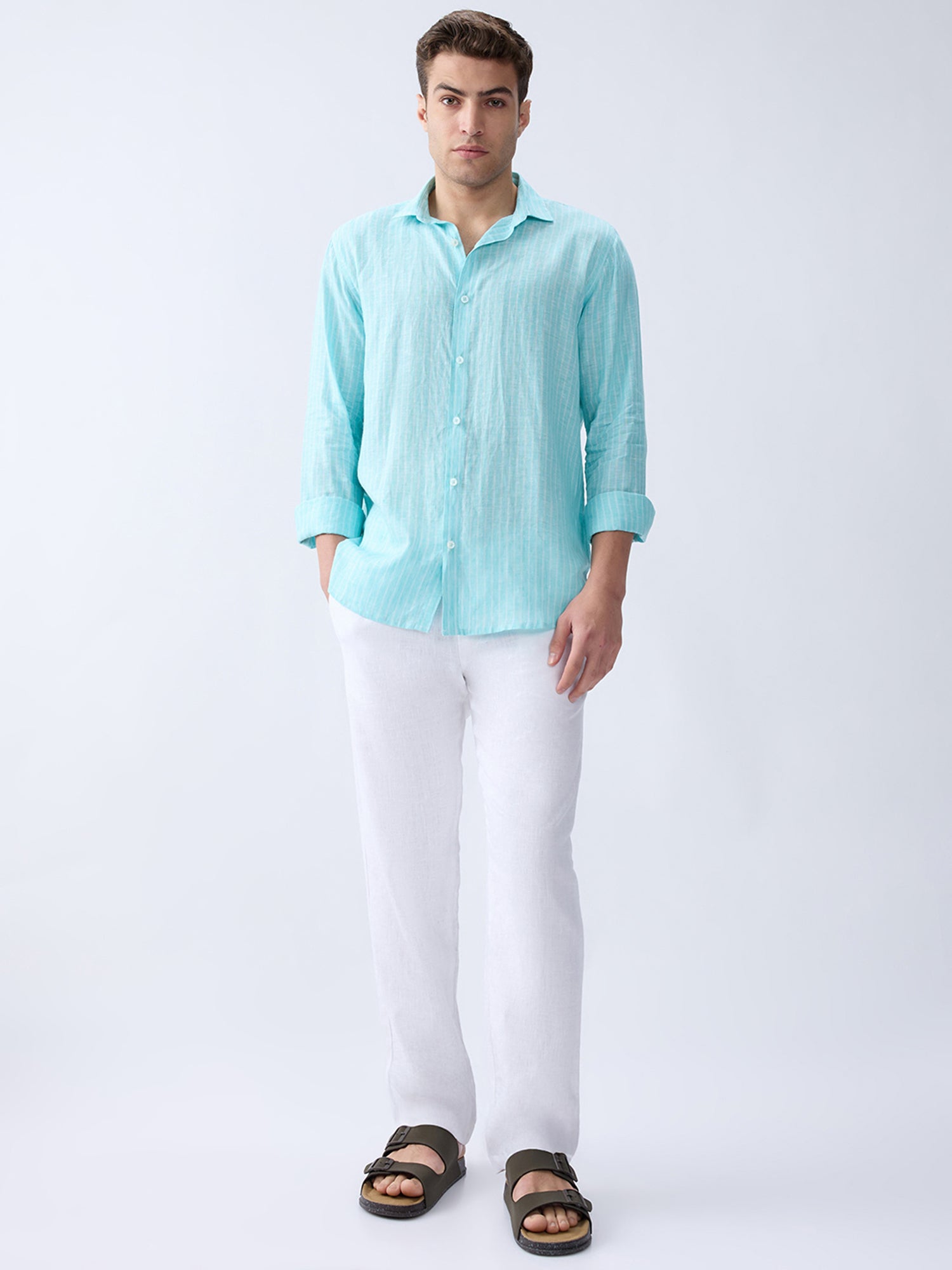 Aqua Blue Luxe Striped 100% Pure Linen