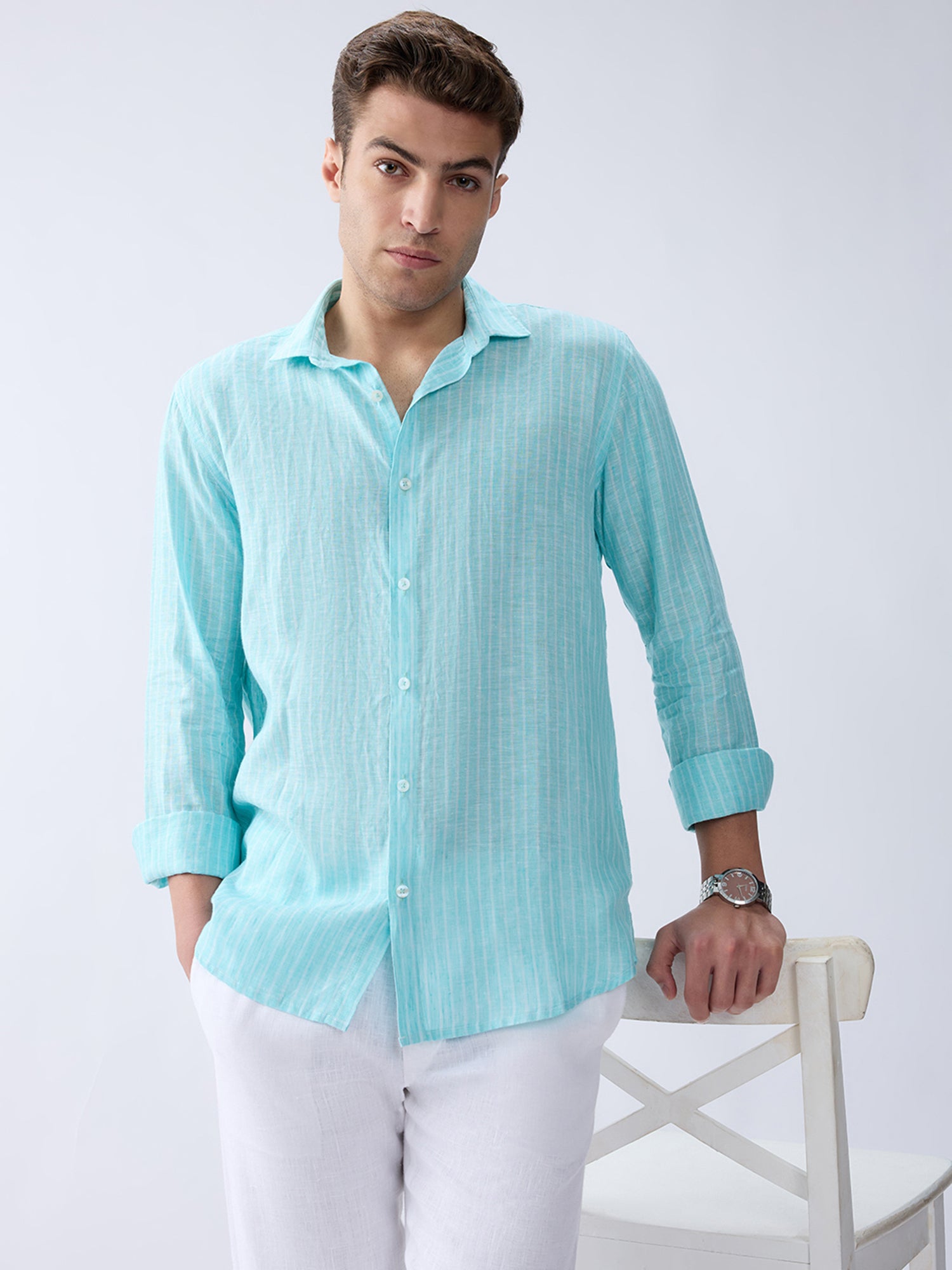 Aqua Blue Luxe Striped 100% Pure Linen