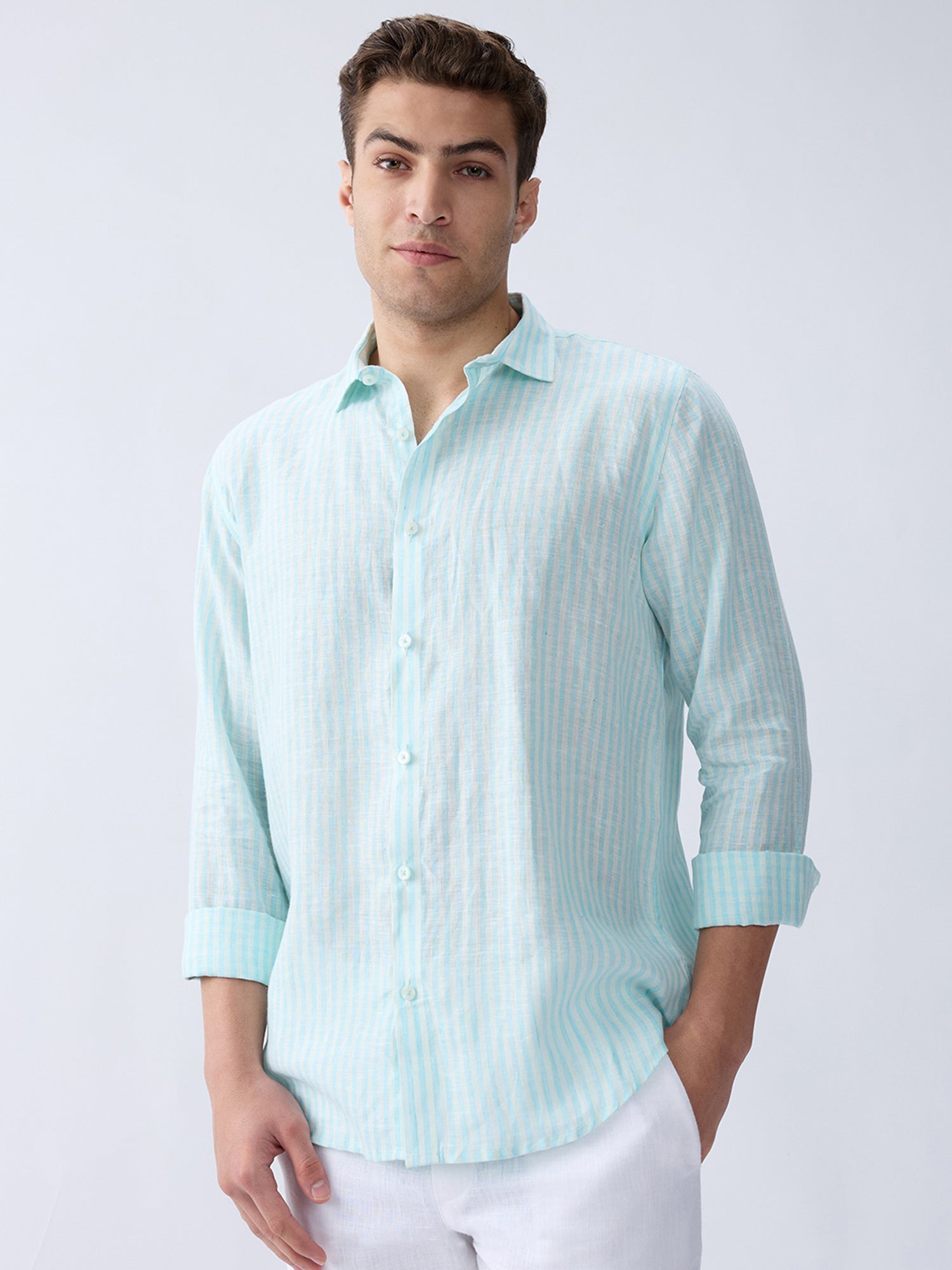 Sea Mist Luxe Striped 100% Pure Linen