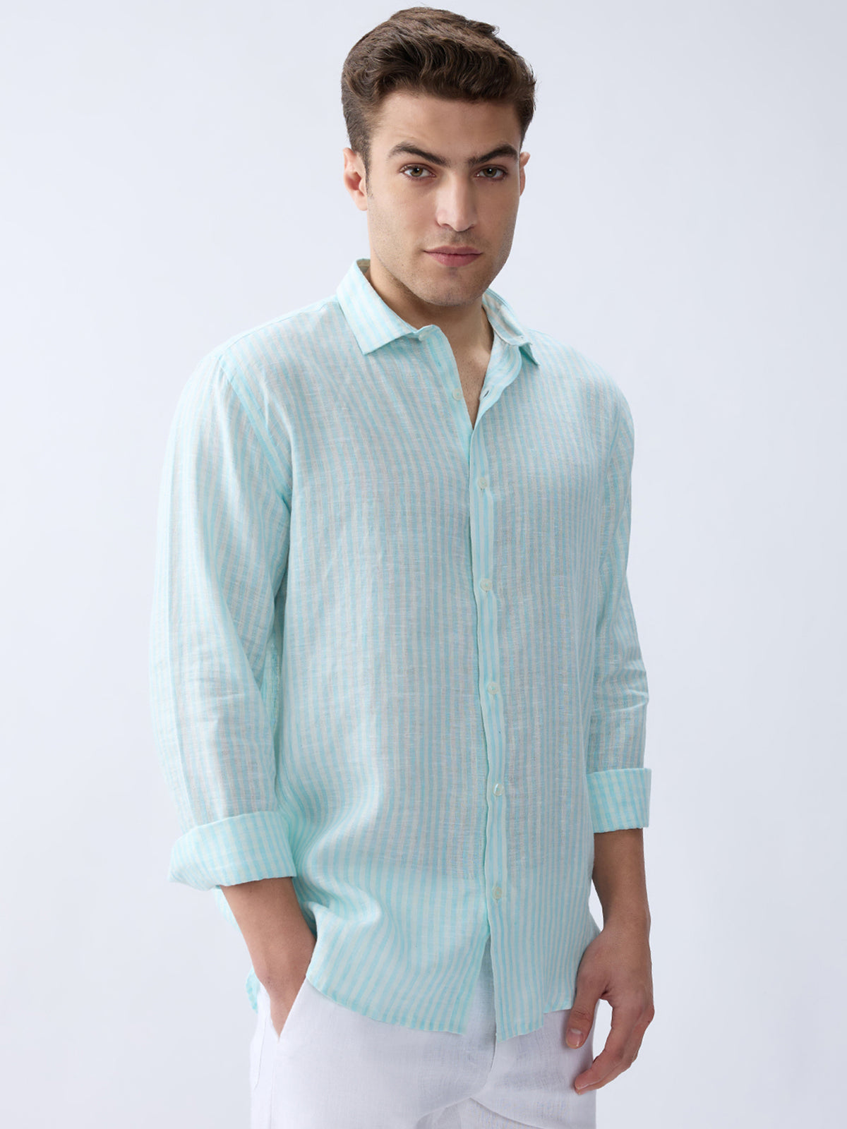 Sea Mist Luxe Striped 100% Pure Linen