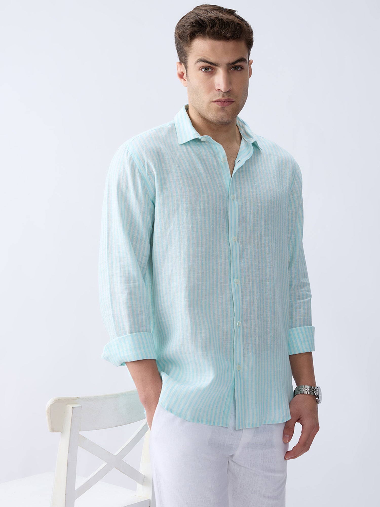 Sea Mist Luxe Striped 100% Pure Linen