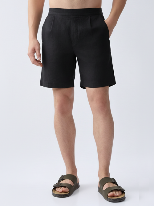 Black 100% Pure Linen Relaxed Shorts