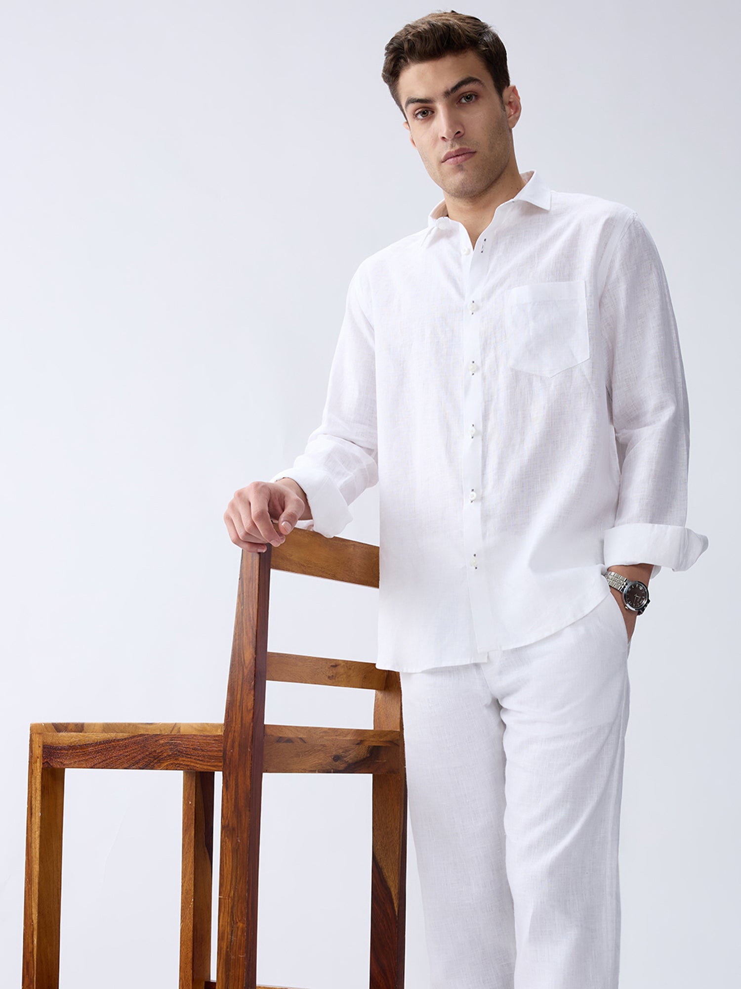 Cloudline | White 100% Pure Linen Shirt (With Contrast Detailing)