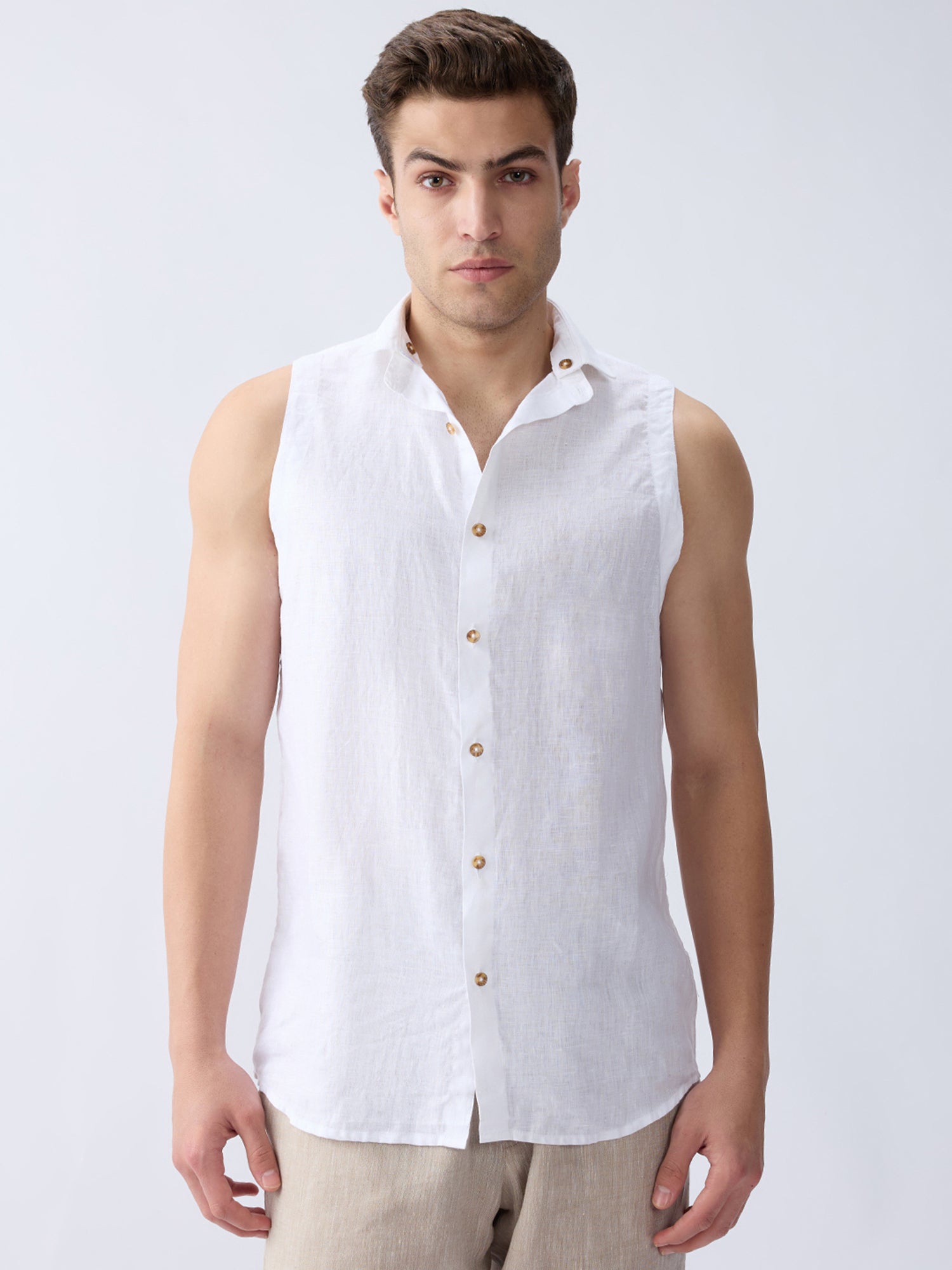 Cloudcut | White 100% Pure Linen Sleeveless Shirt (With Detachable Collar)