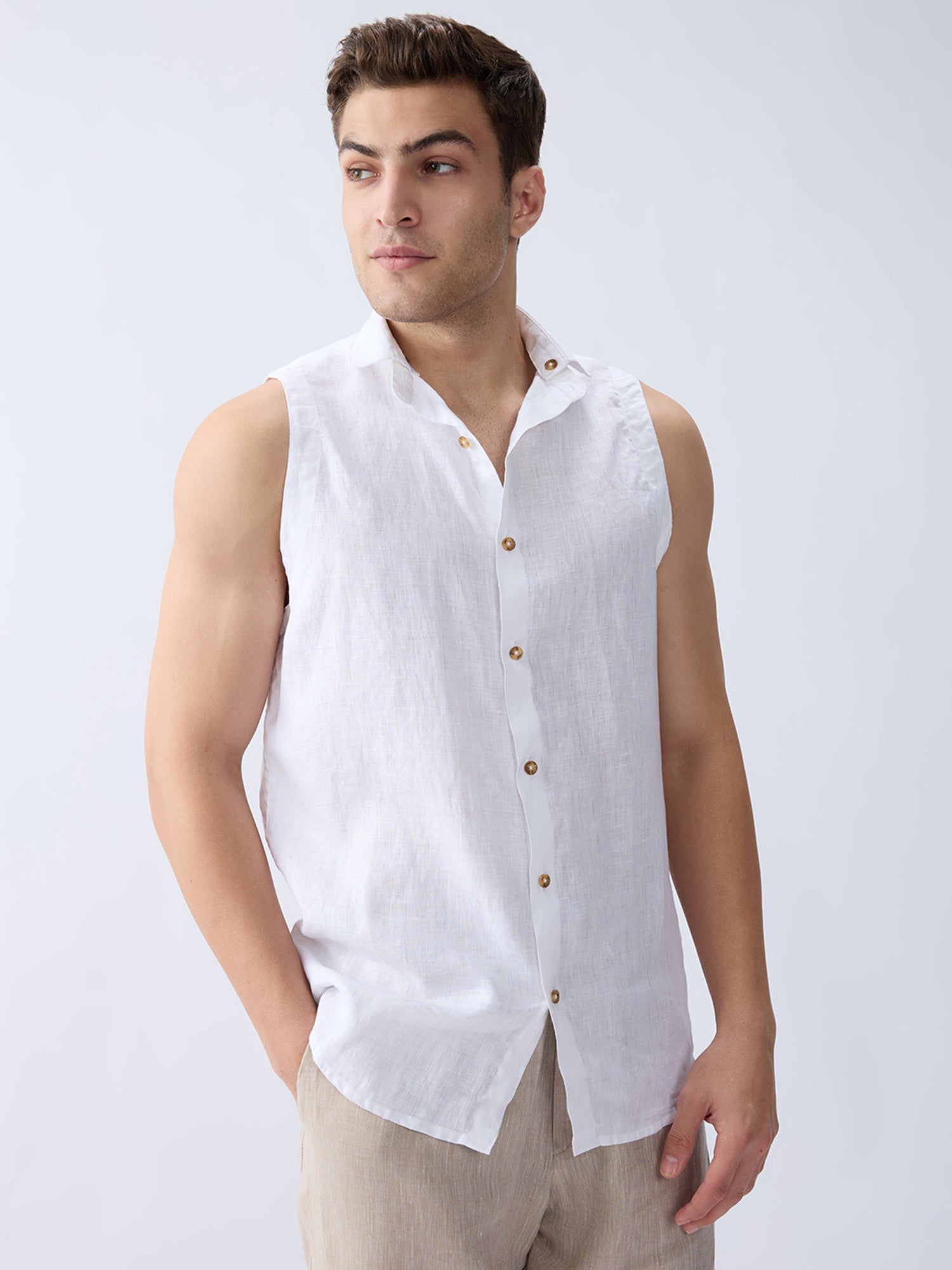 Cloudcut | White 100% Pure Linen Sleeveless Shirt (With Detachable Collar)