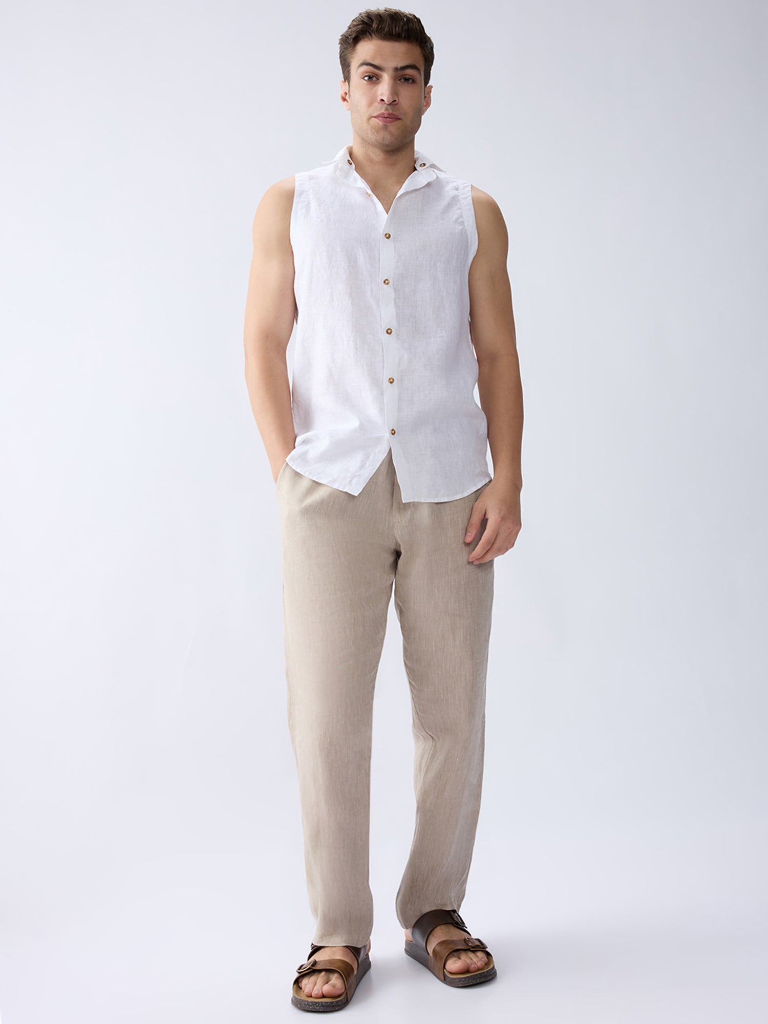 Cloudcut | White 100% Pure Linen Sleeveless Shirt (With Detachable Collar)