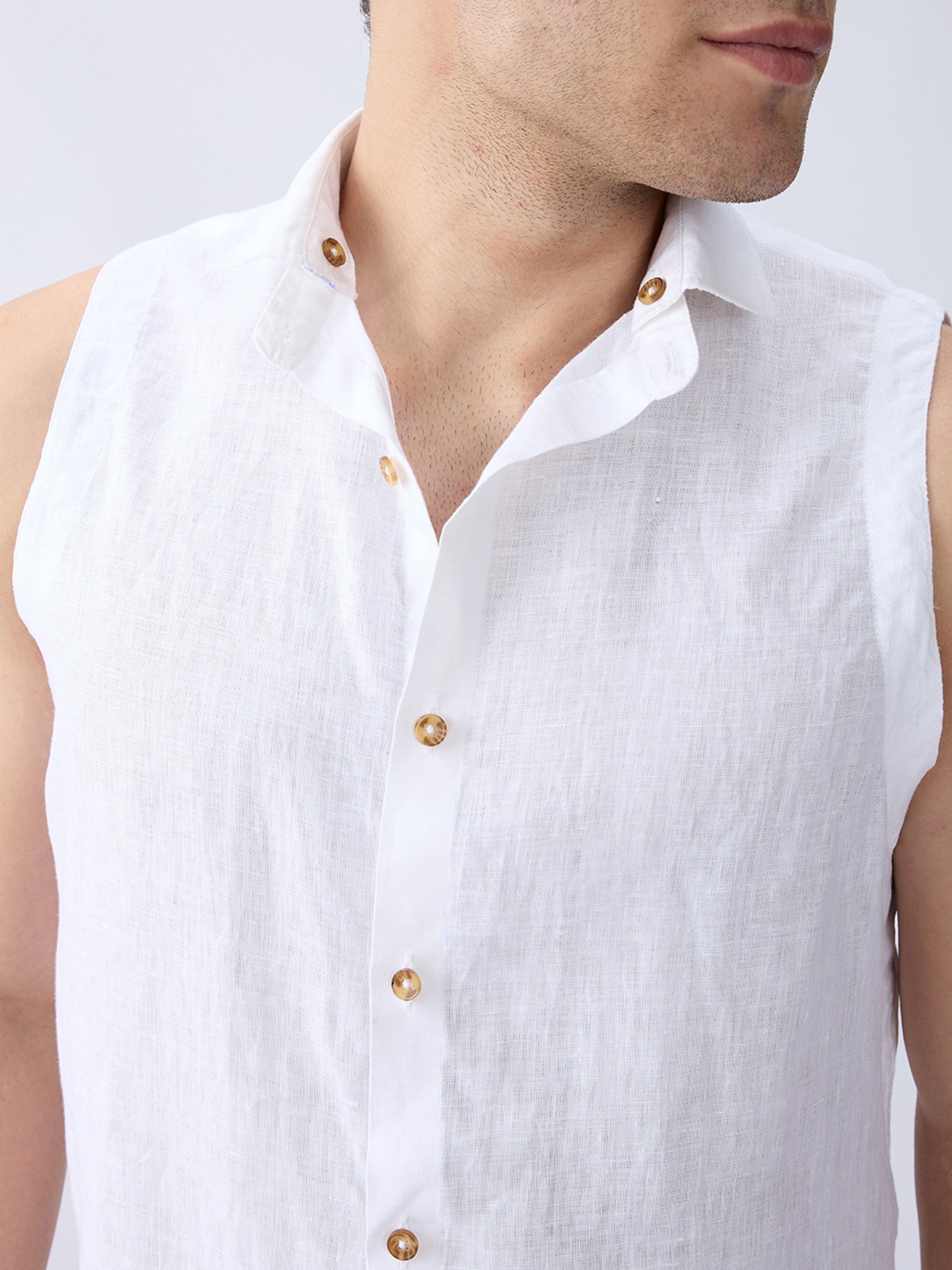 Cloudcut | White 100% Pure Linen Sleeveless Shirt (With Detachable Collar)