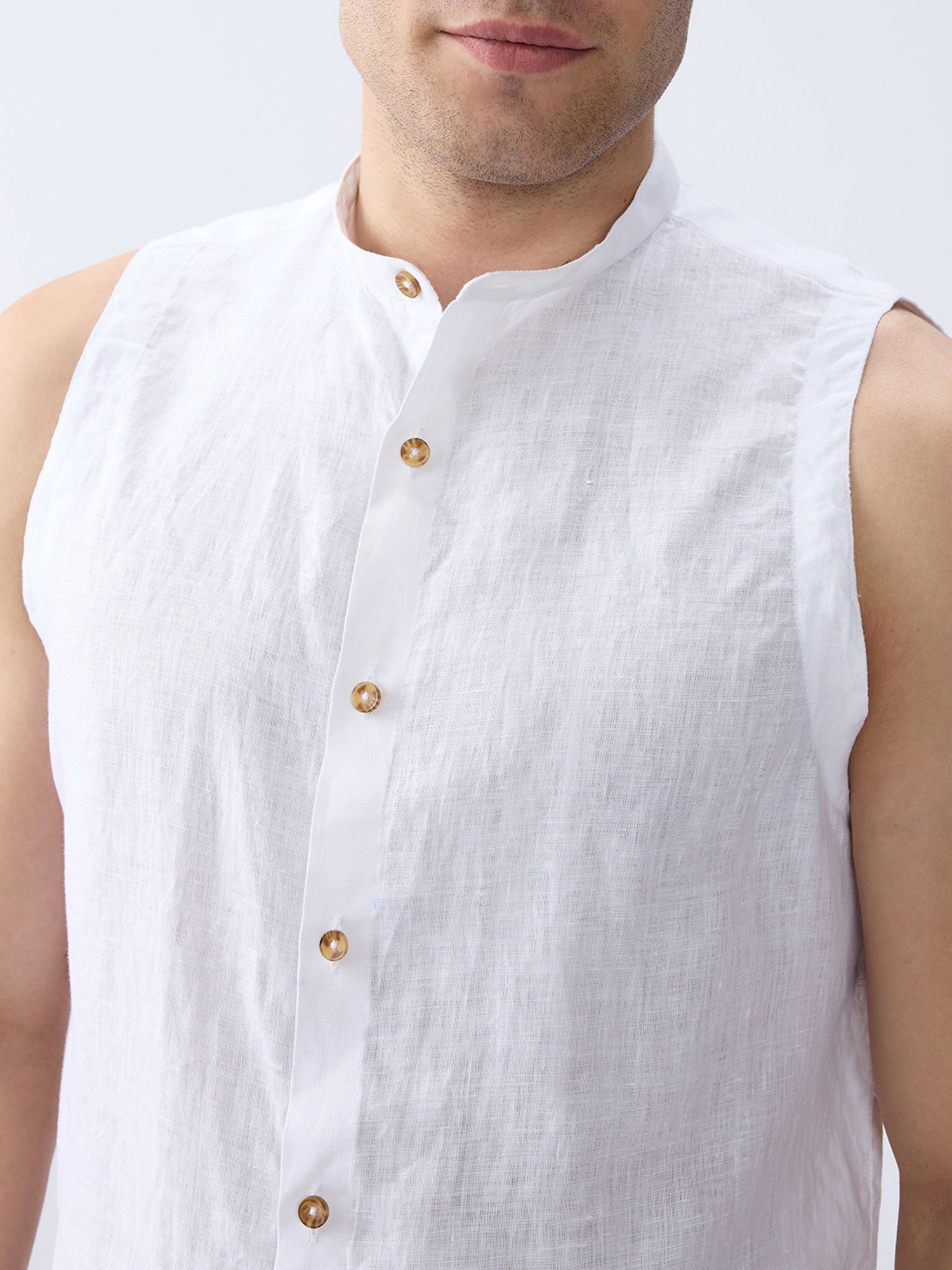 Cloudcut | White 100% Pure Linen Sleeveless Shirt (With Detachable Collar)