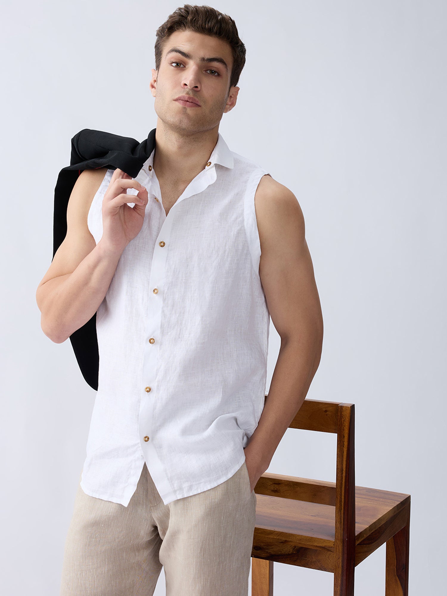 Cloudcut | White 100% Pure Linen Sleeveless Shirt (With Detachable Collar)