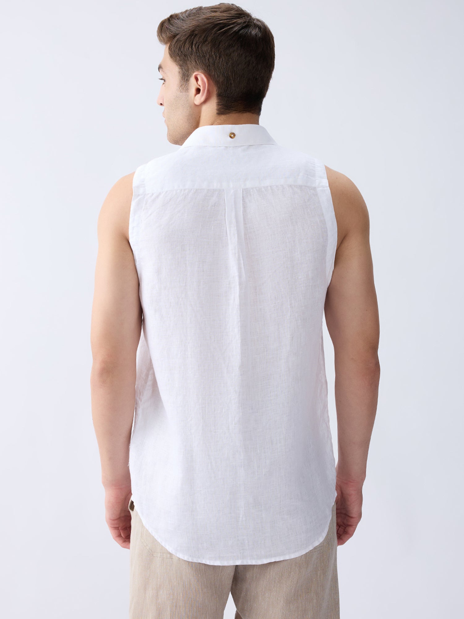 Cloudcut | White 100% Pure Linen Sleeveless Shirt (With Detachable Collar)
