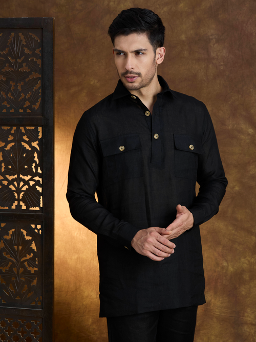 Arka | 100% Pure Linen Black Kurta Set