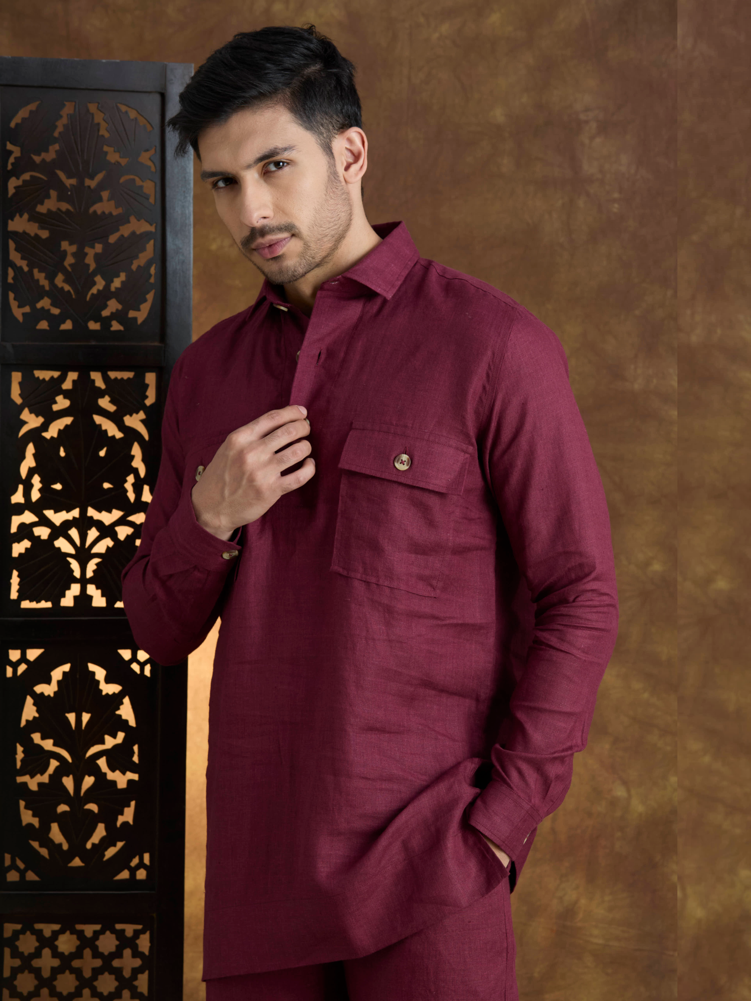 Arka | 100% Pure Linen Maroon Kurta Set
