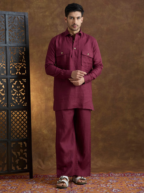 Arka | 100% Pure Linen Maroon Kurta Set