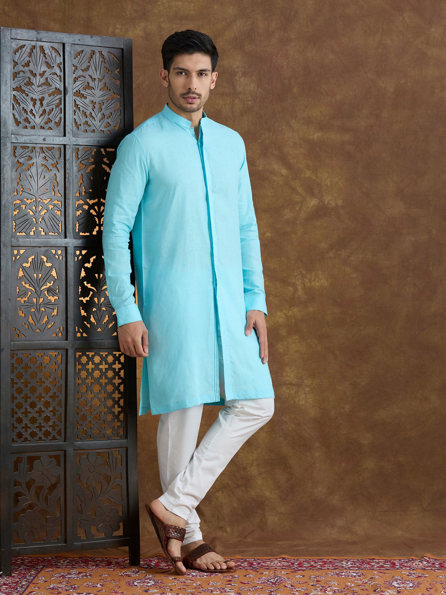 Kshetra | 100% Pure Linen Sky Blue Long Kurta
