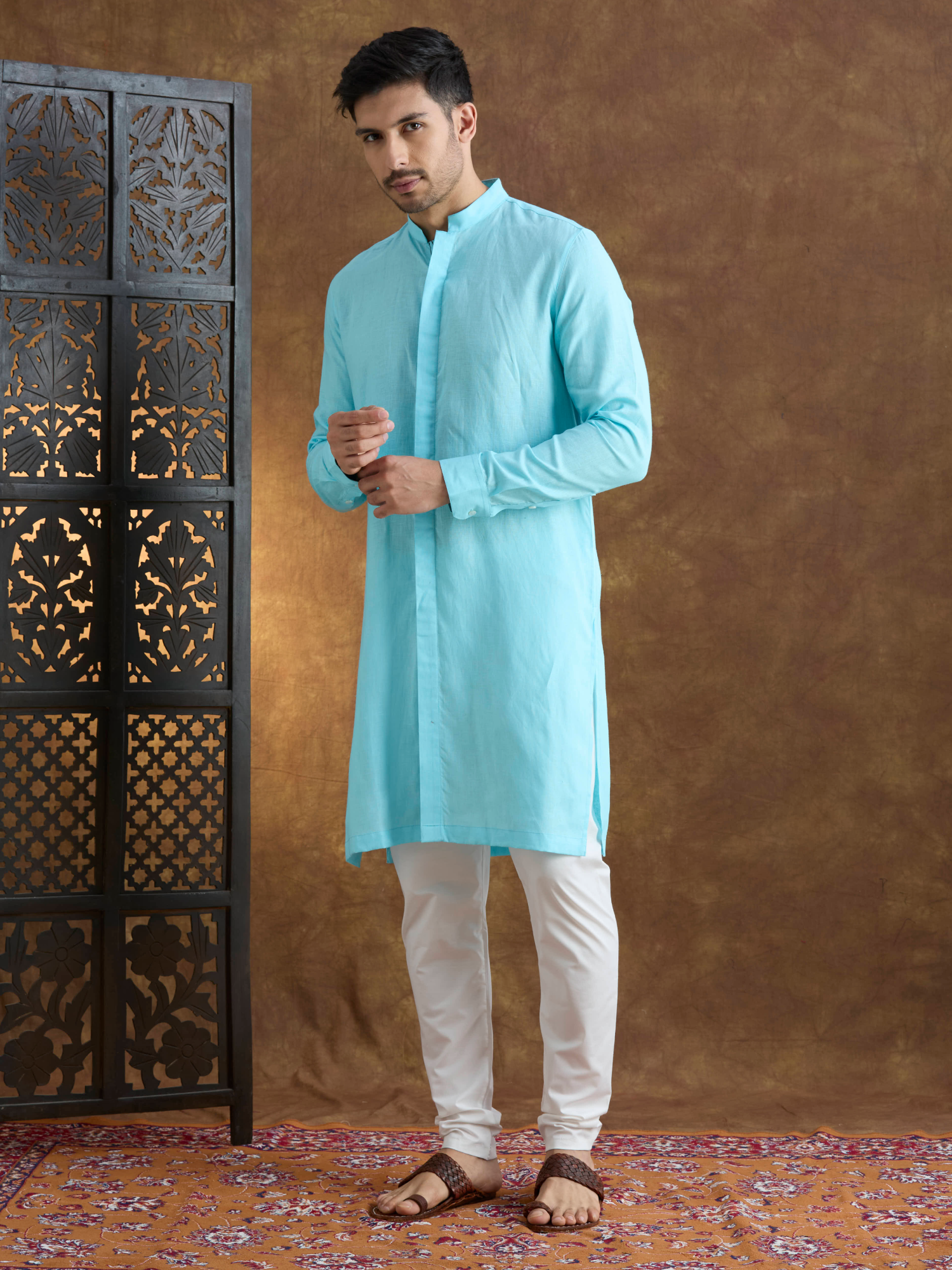 Kshetra | 100% Pure Linen Sky Blue Long Kurta
