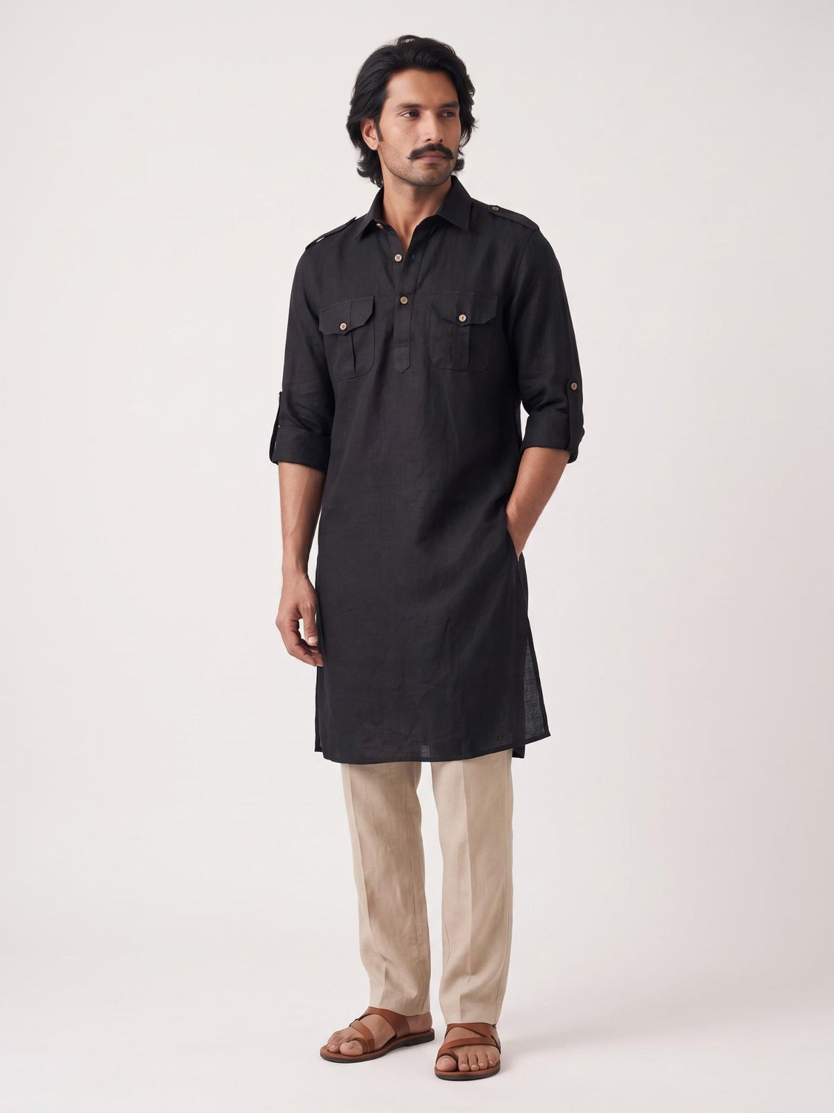 Black Safari 100% Pure Linen Long Kurta