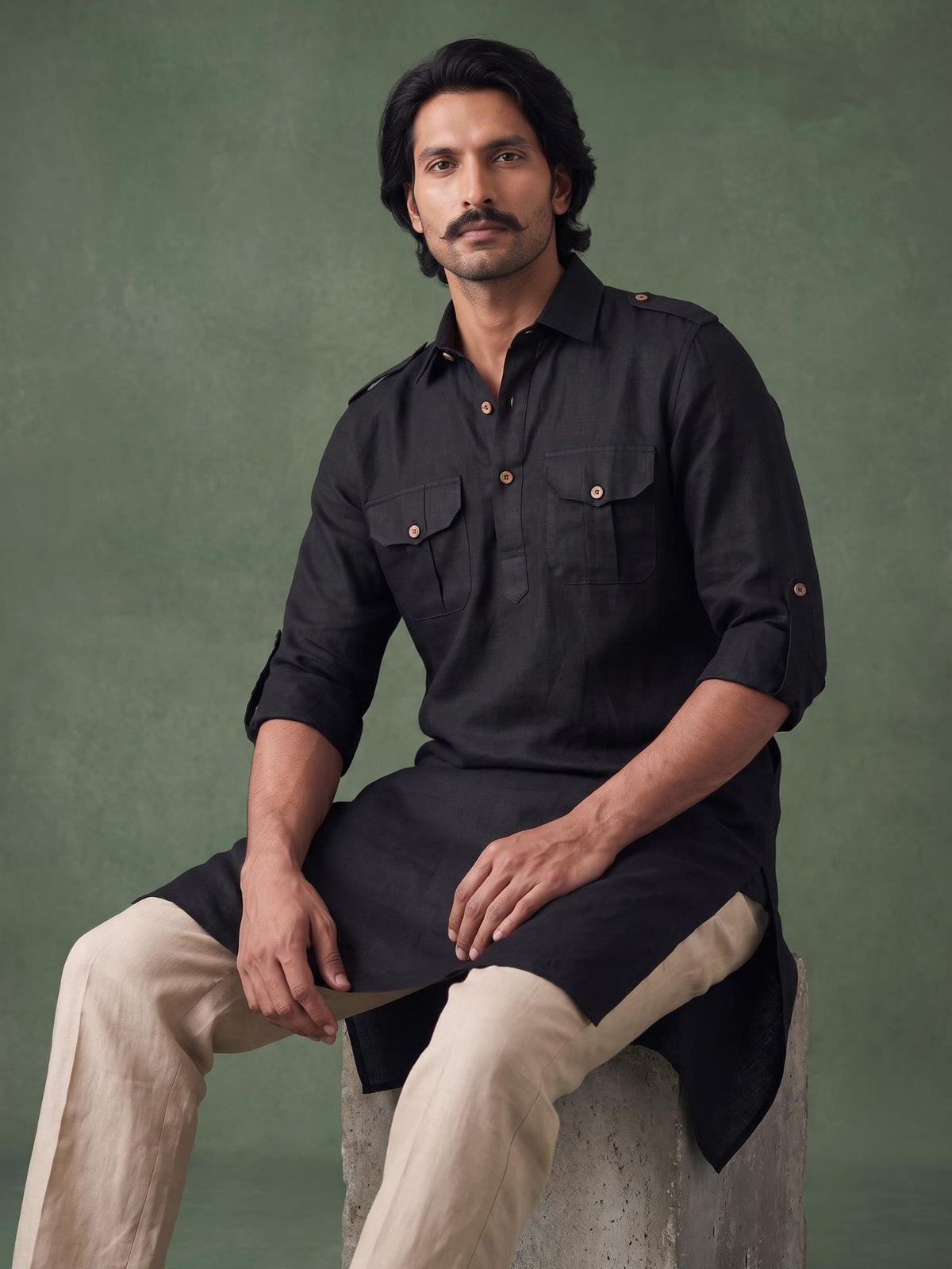 Black Safari 100% Pure Linen Long Kurta