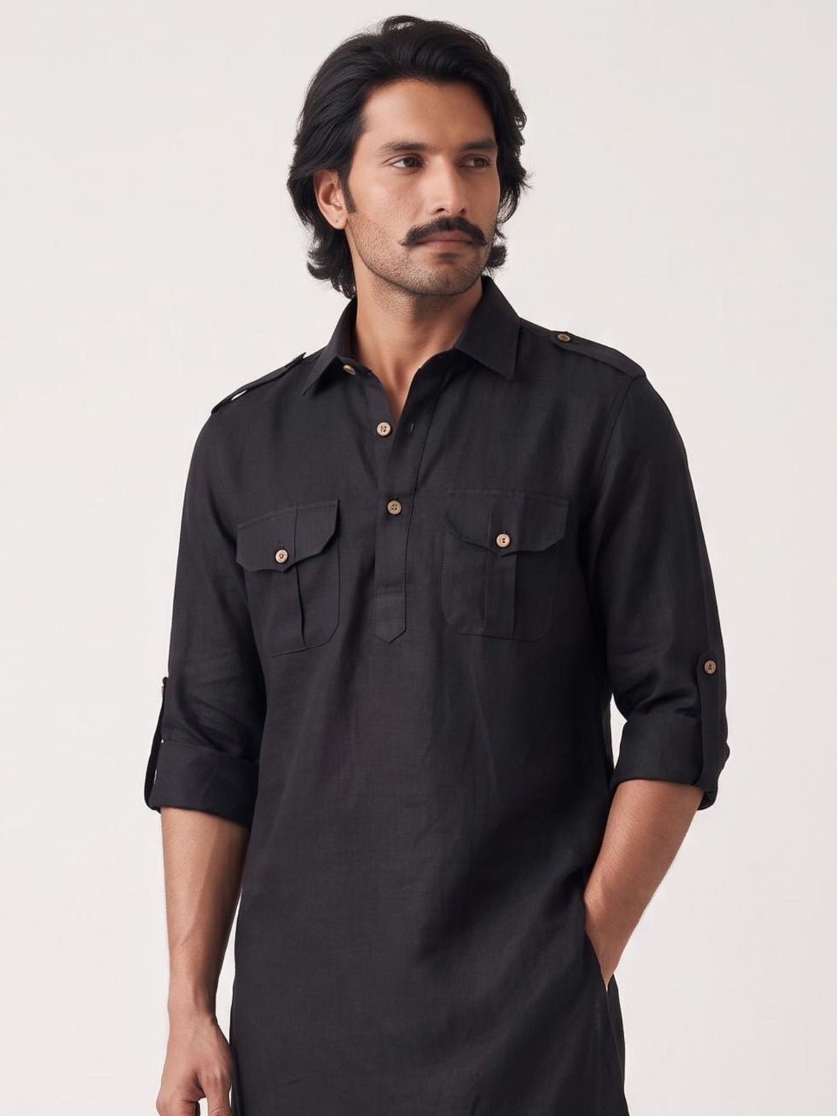 Black Safari 100% Pure Linen Long Kurta