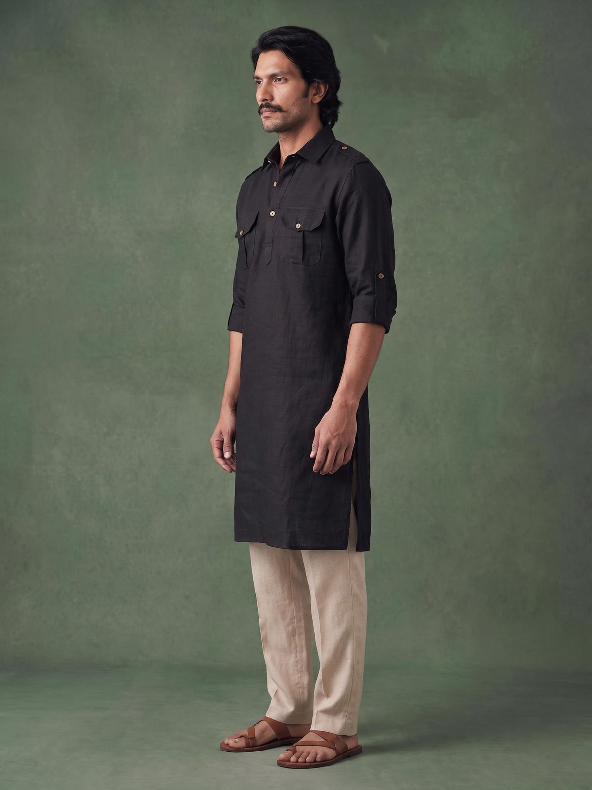 Black Safari 100% Pure Linen Long Kurta