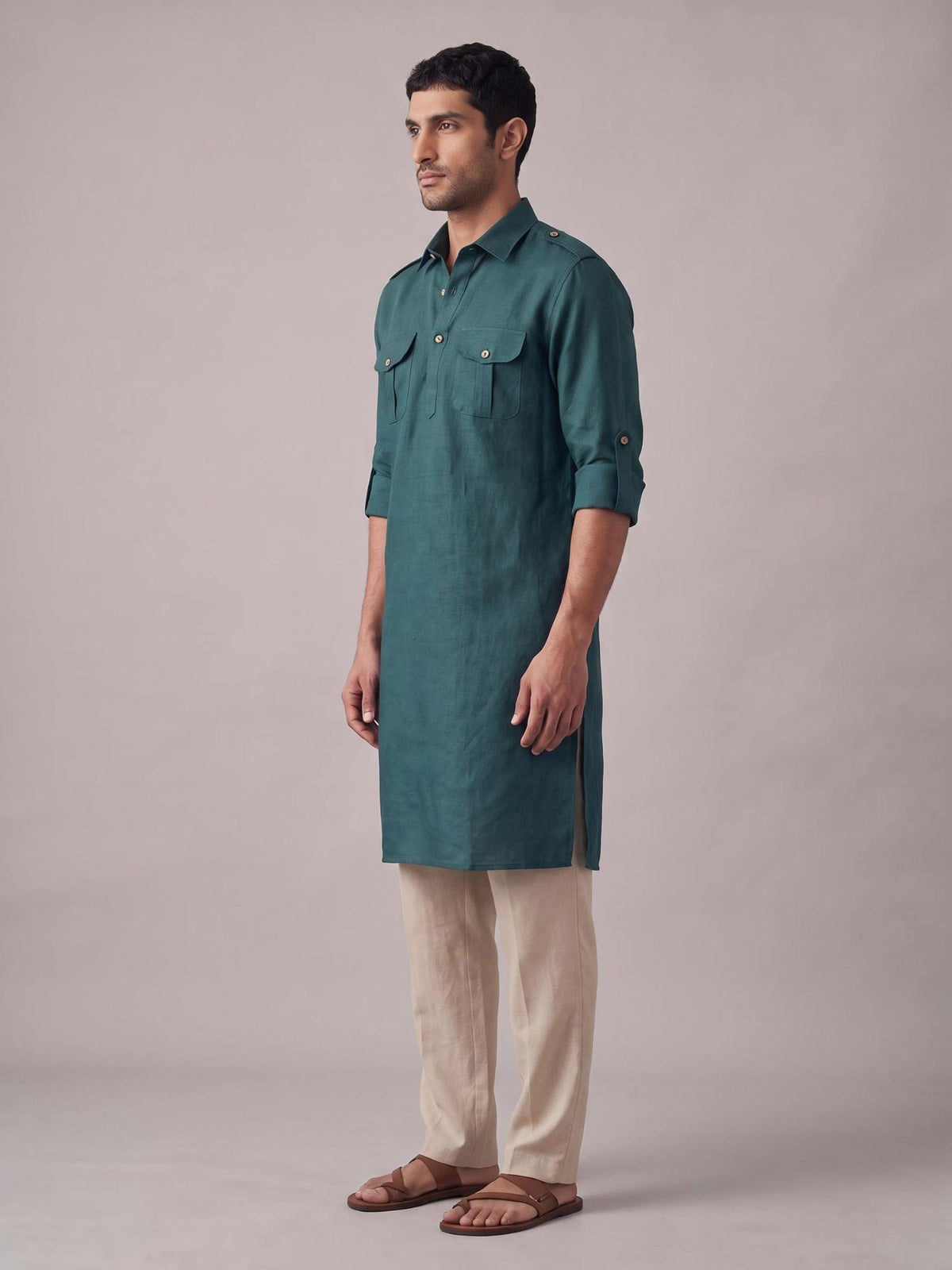 Teal Safari 100% Pure Linen Long Kurta