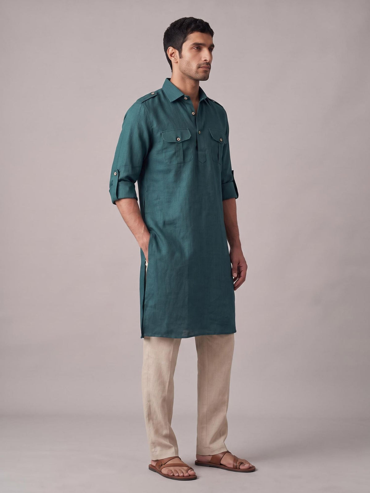 Teal Safari 100% Pure Linen Long Kurta