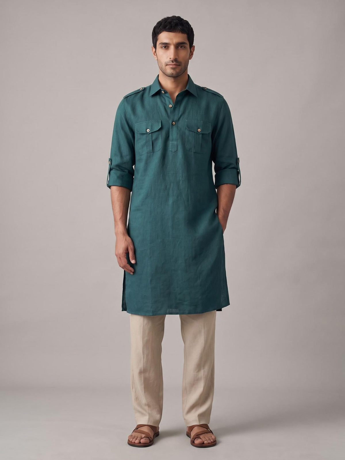 Teal Safari 100% Pure Linen Long Kurta