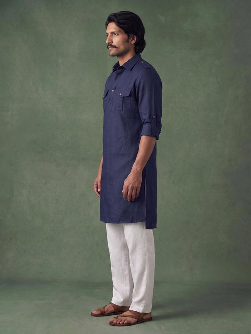 Navy Safari 100% Pure Linen Long Kurta