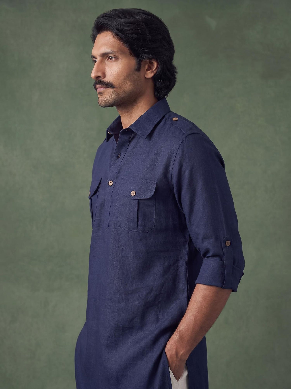 Navy Safari 100% Pure Linen Long Kurta