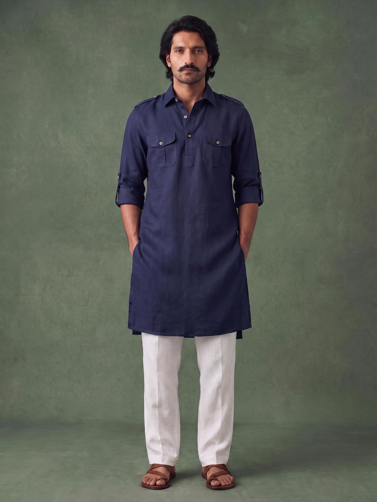 Navy Safari 100% Pure Linen Long Kurta