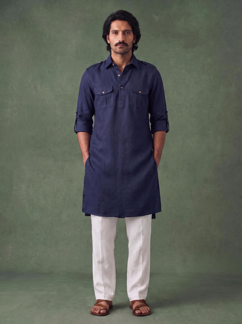 Navy Safari 100% Pure Linen Long Kurta