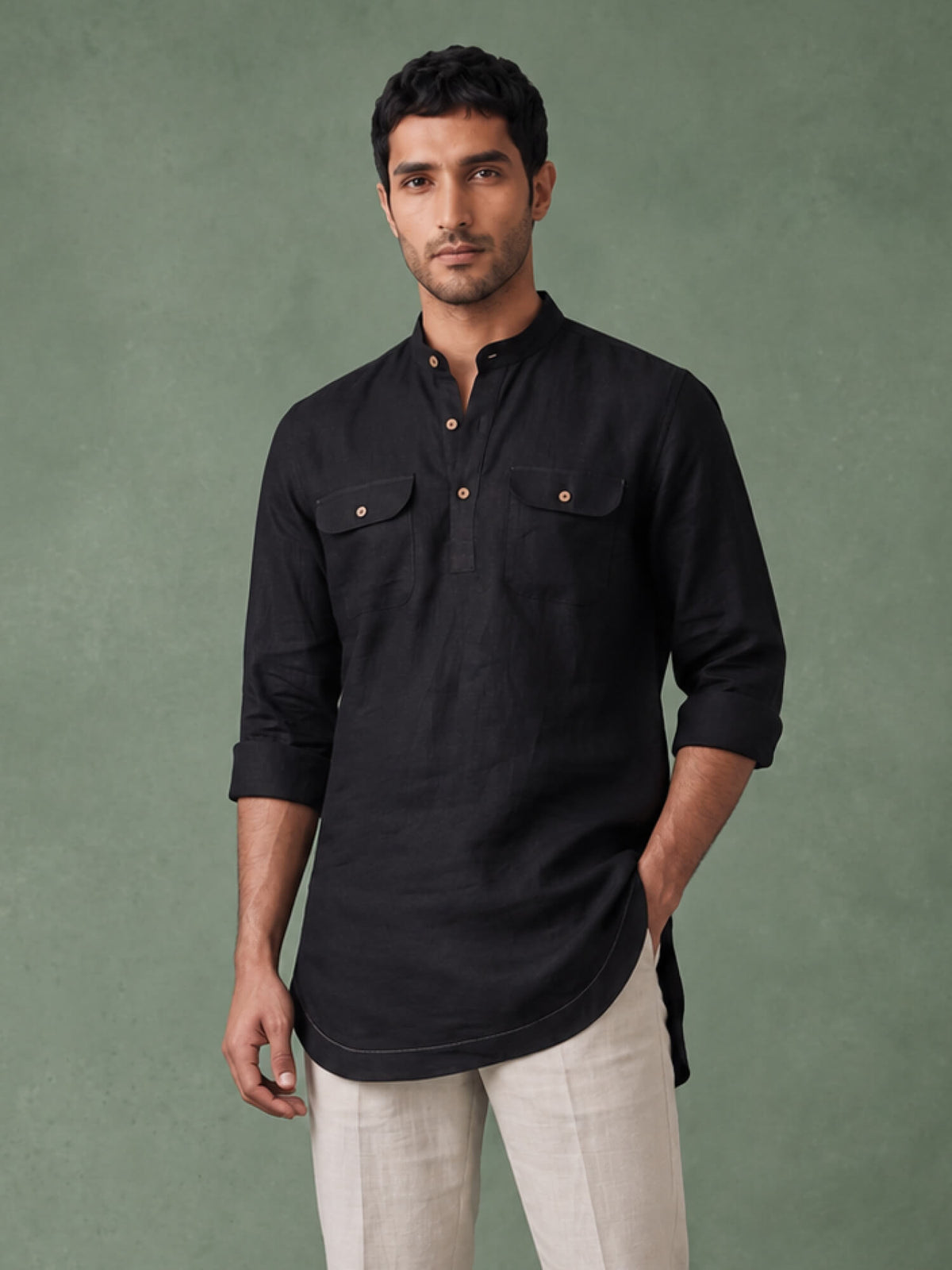 Black 100% Pure Linen Mid-Length Kurta