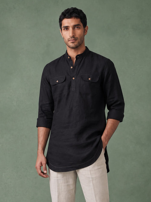 Black 100% Pure Linen Mid-Length Kurta
